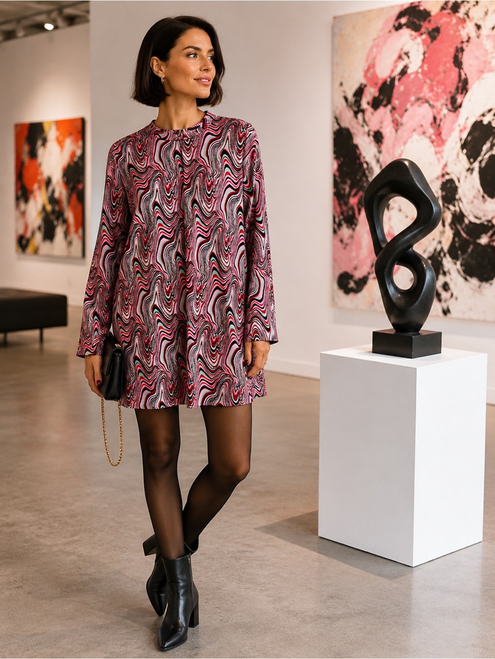 Zara Abstract Swirl Print Tunic Dress Medium Pink Black Long Sleeve NWOT